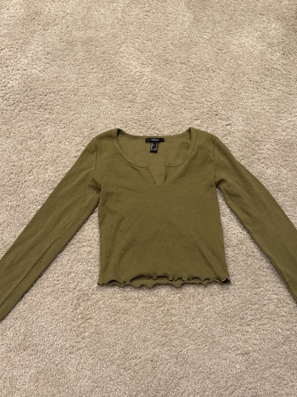 Forever 21 Ribbed V-Notch Long Sleeve Top Green
